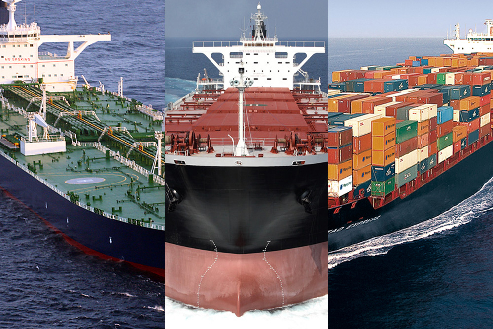Bulker Tanker Container ship Symbolic image for shipping segments, shipbuilding, newbuilding orders, maritime trade