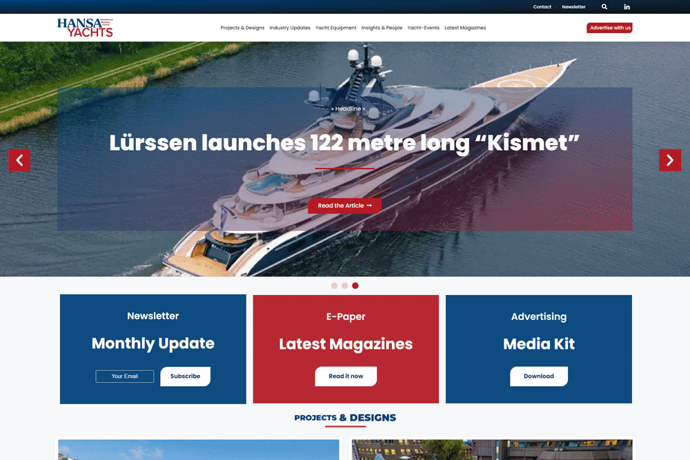 Screen capture of new website hansa-yachts.com