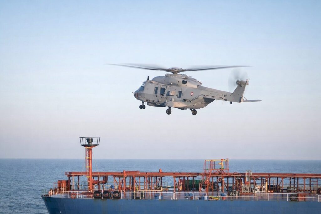 A helicopter and a ship