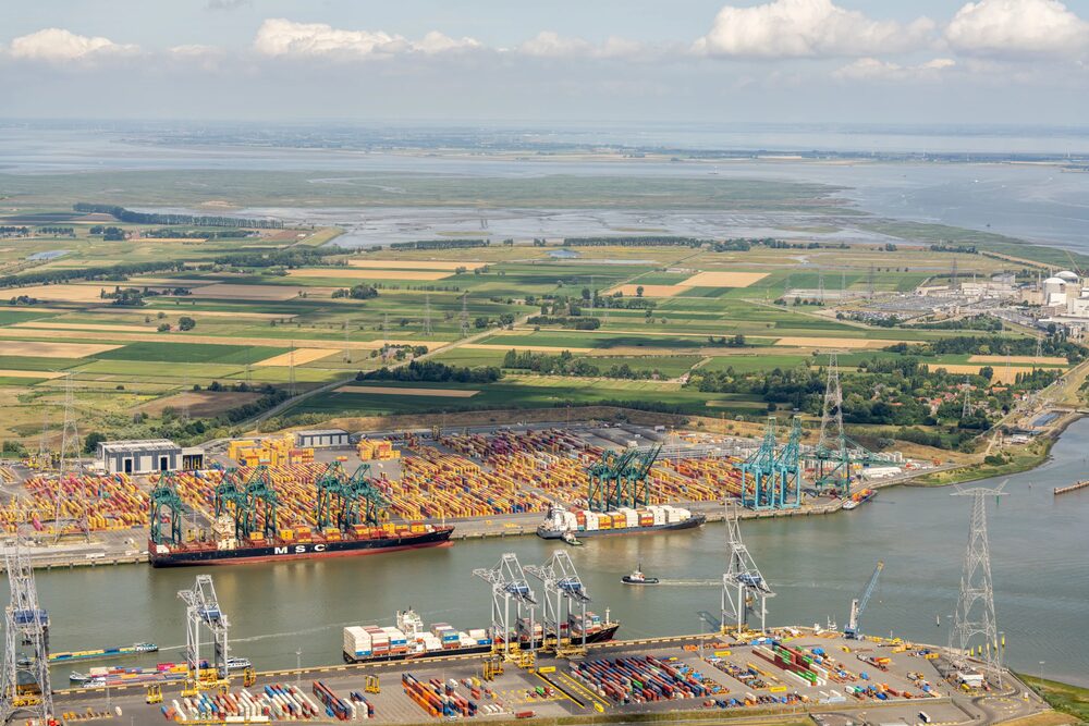 A port photographed from the air in belgium