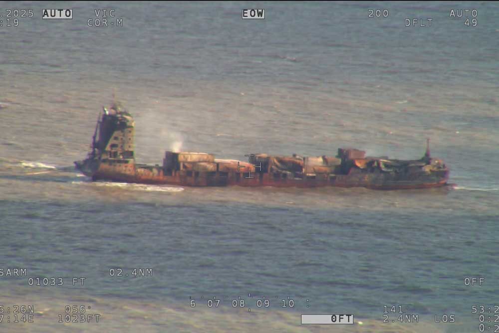 The burnt-out wreck of the "Solong", March 2025