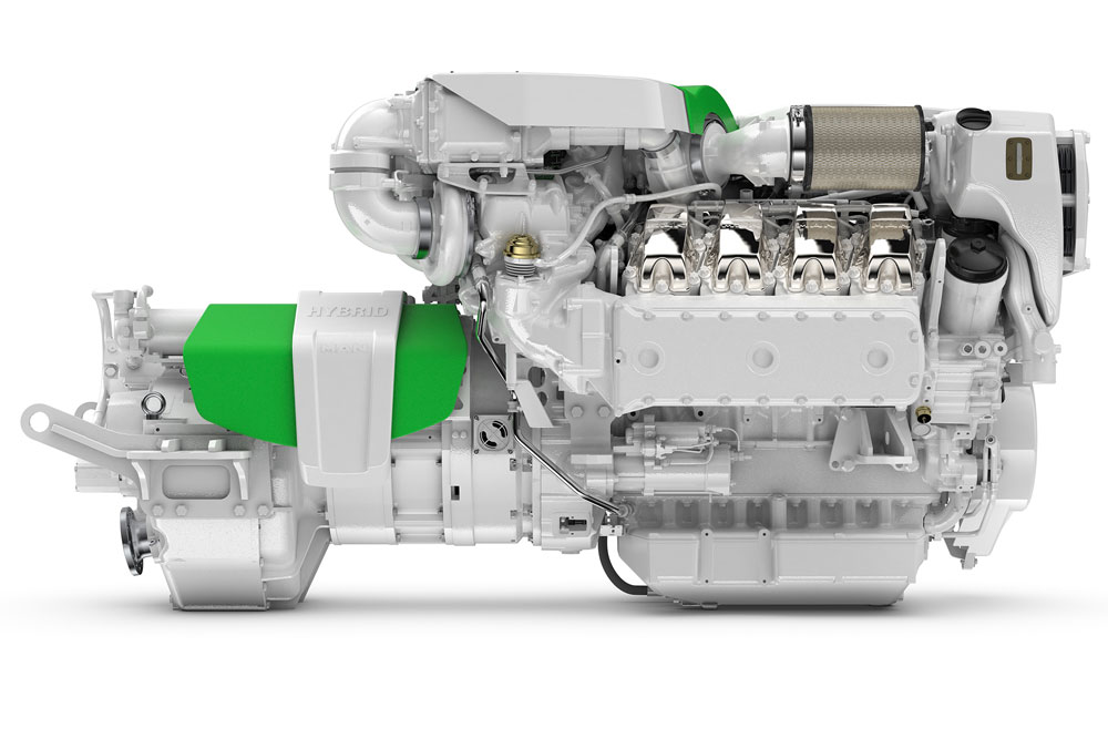 In the hybrid configuration of the “B.Neos”, two MAN V8-900 engines with 662 kW each are combined with two 200 kW electric motors