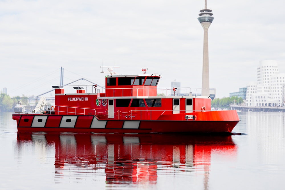 An illustration of a new fireboat from a series of 11 vessels designed for inland waterways