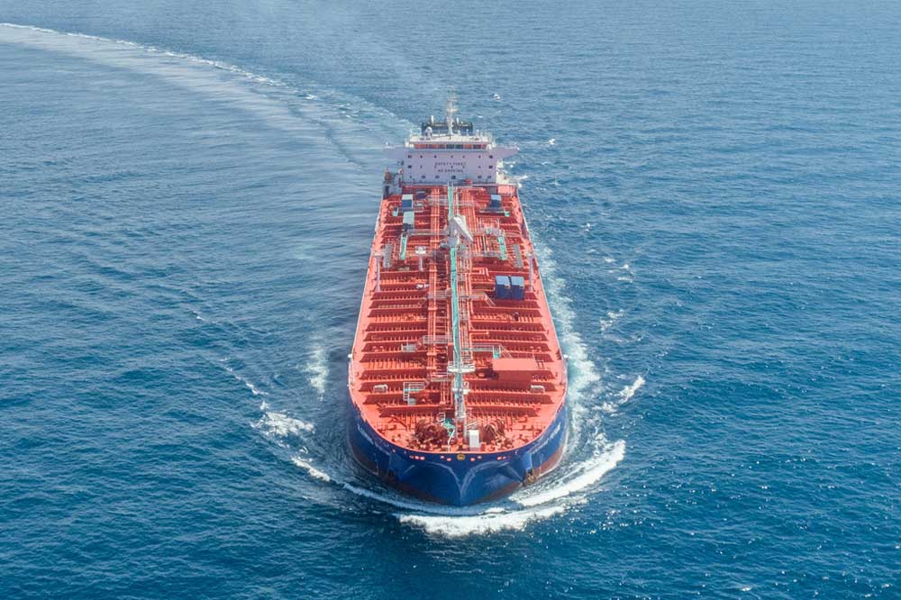 A ship at sea, front view