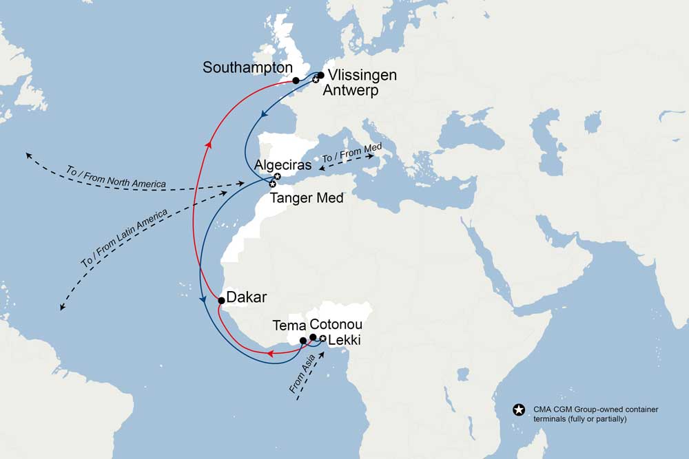 CMA CGM launches new Europe–West Africa service 1 Karte von Europa, dem Nahen Osten und Afrika mit eingezeichneten Schiffsrouten