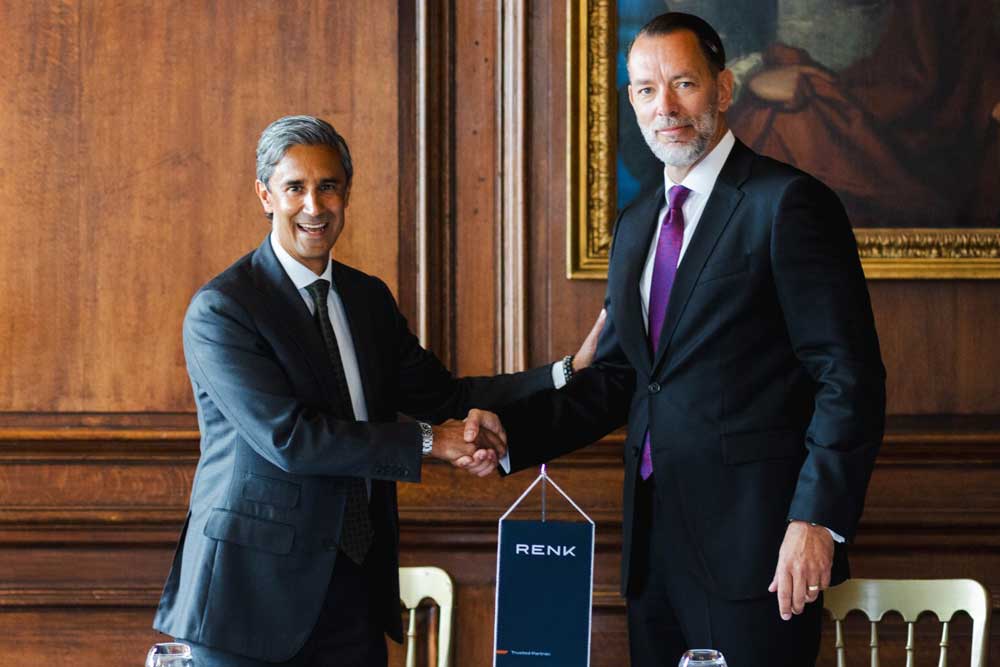 Alexander Sagel, CEO of the Renk Group (right), and Karthik Achar, a partner at Stellex Capital Management, signed the agreement for the acquisition of David Brown Defence at The Admiral’s House at the Old Royal Naval College in London