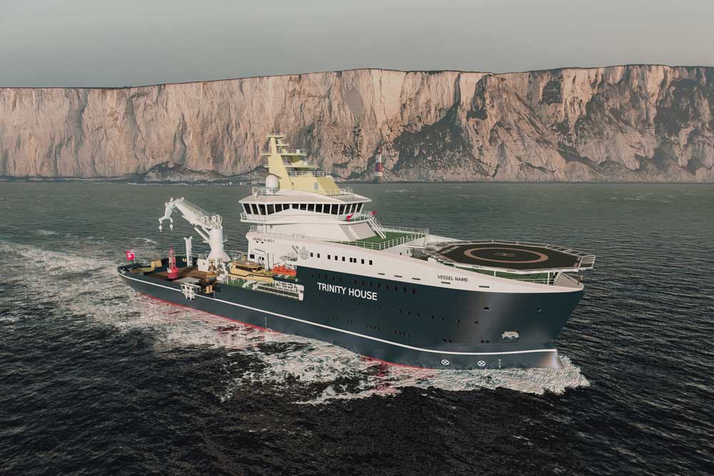 Vard: A maintenance vessel in the English Channel, with the British coast in the background