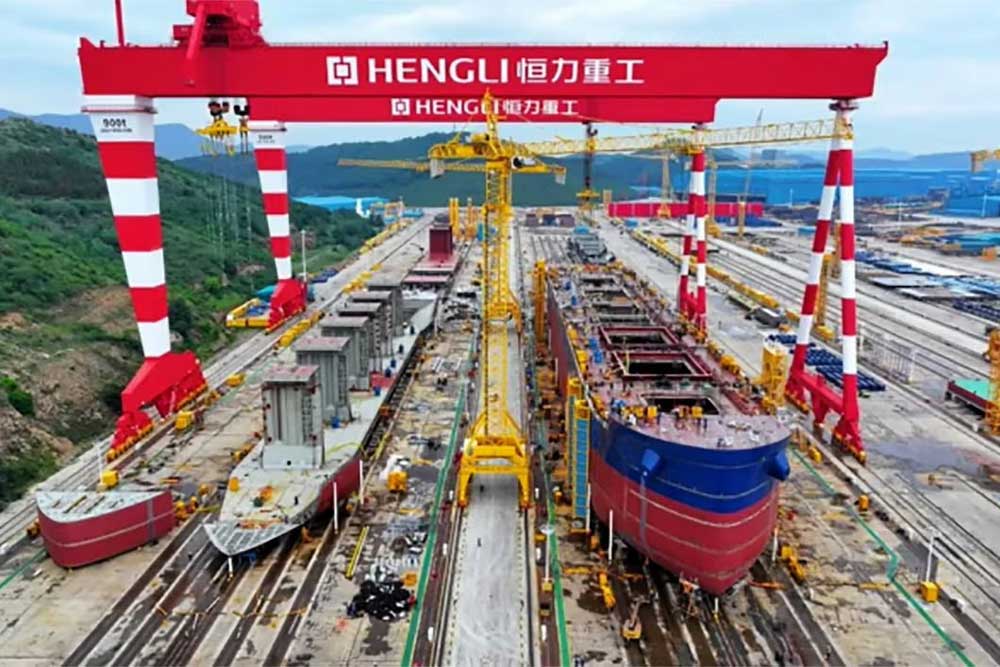 A shipyard where two ships are being built