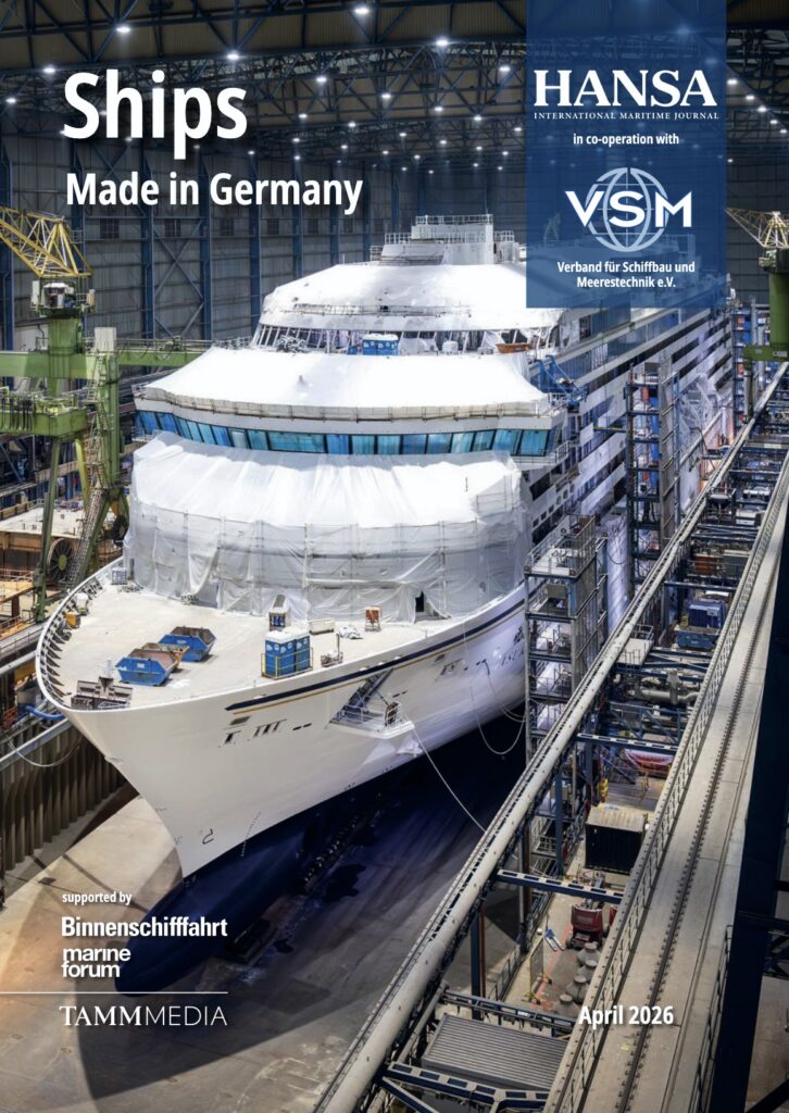 Titelseite von „Ships Made in Germany 2026“, darauf zu sehen ist ein Schiff in einer Werft