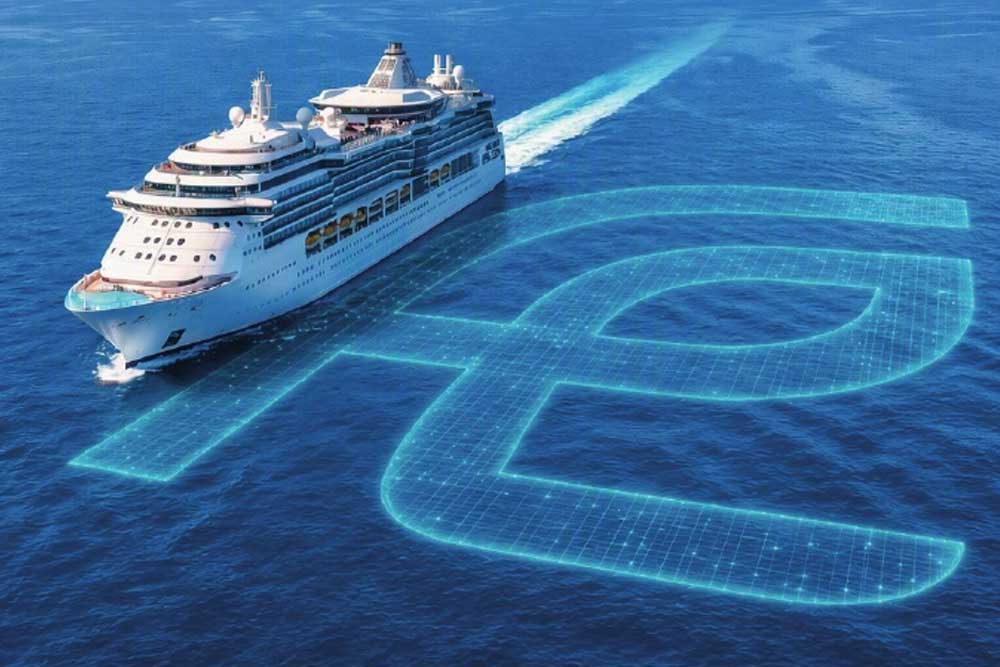 A ship at sea; the letters ‘FE’ can be seen on its hull