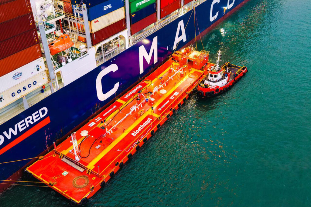 The “CMA CGM Iron” was the first ship to regularly take on ethanol at the port of Santos © Copersucar