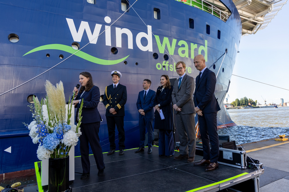 Hamburg’s Senator for Economic Affairs, Melanie Leonhard, was also present at the christening (© Windward Offshore)