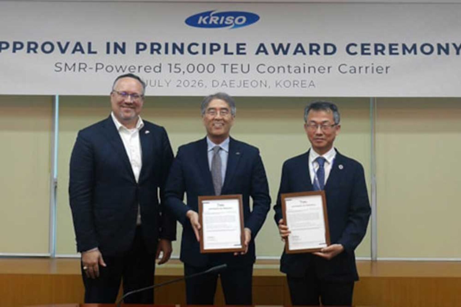 Patrick Ryan, Senior Vice President and Chief Technology Officer at ABS; Keyyong Hong, President of KRISO; and Jinyoung Cho, Senior Vice President of the Advanced Nuclear Reactor Laboratory at KAERI.