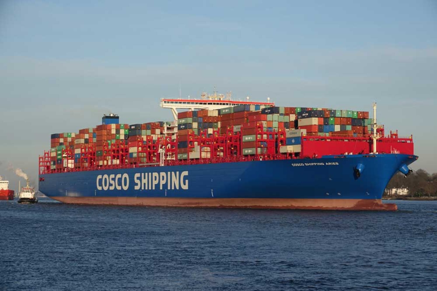 The ‘COSCO Shipping Aries’ is 400 metres long and has a capacity of around 20,000 TEU