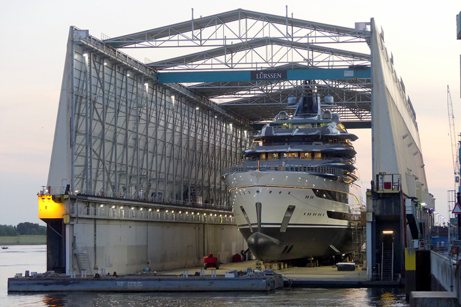 Preparations for the undocking of the mega yacht "Deep Blue" at Lürssen are underway