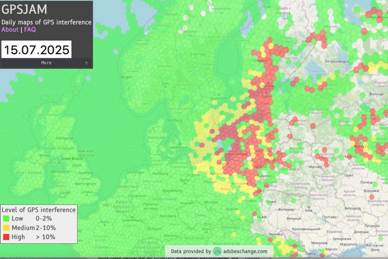 GPS disturbances on July 15 in the Baltic Sea region © gpsjam.org