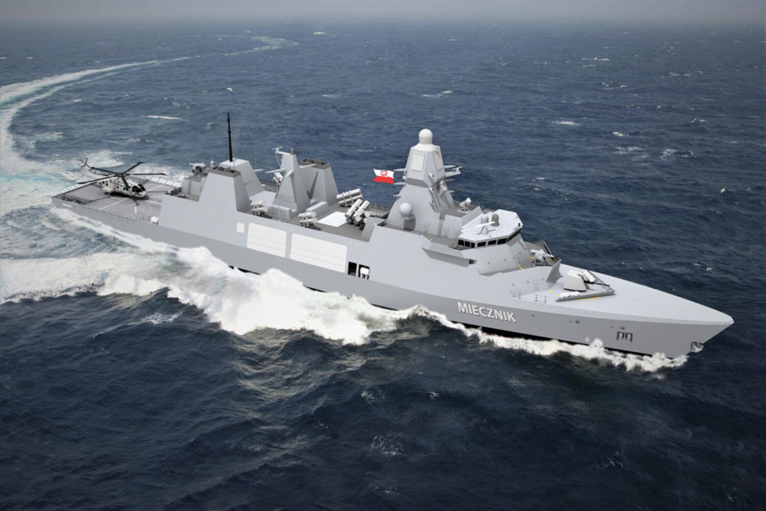 Frigate of the Miecznik class. Receives propulsion from Schottel.