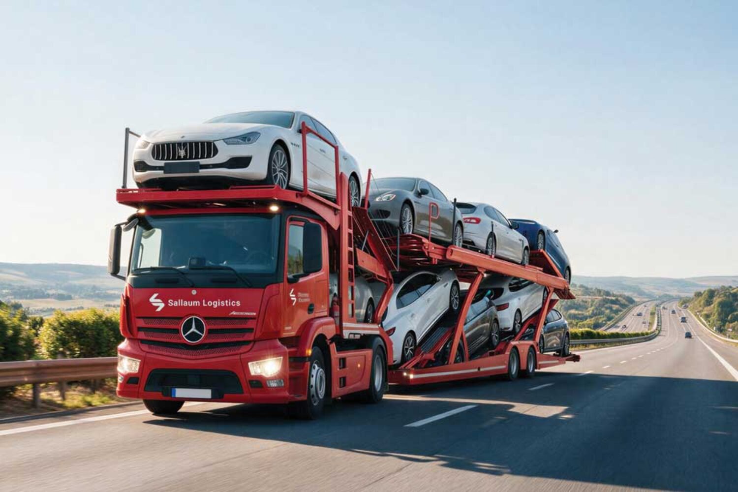 The picture shows a car transporter loaded with cars on a road