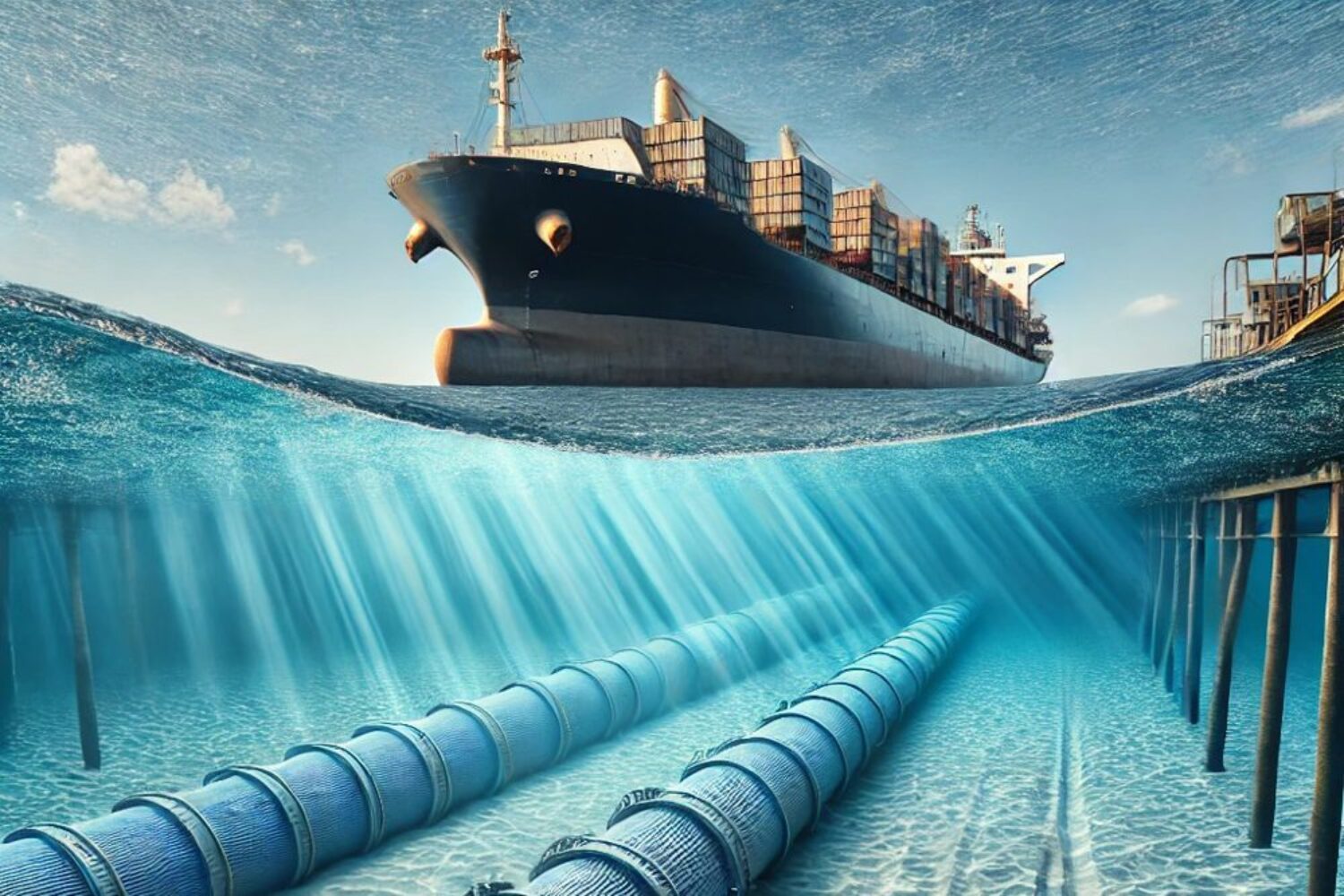 Container ship over submarine cables in the sea
