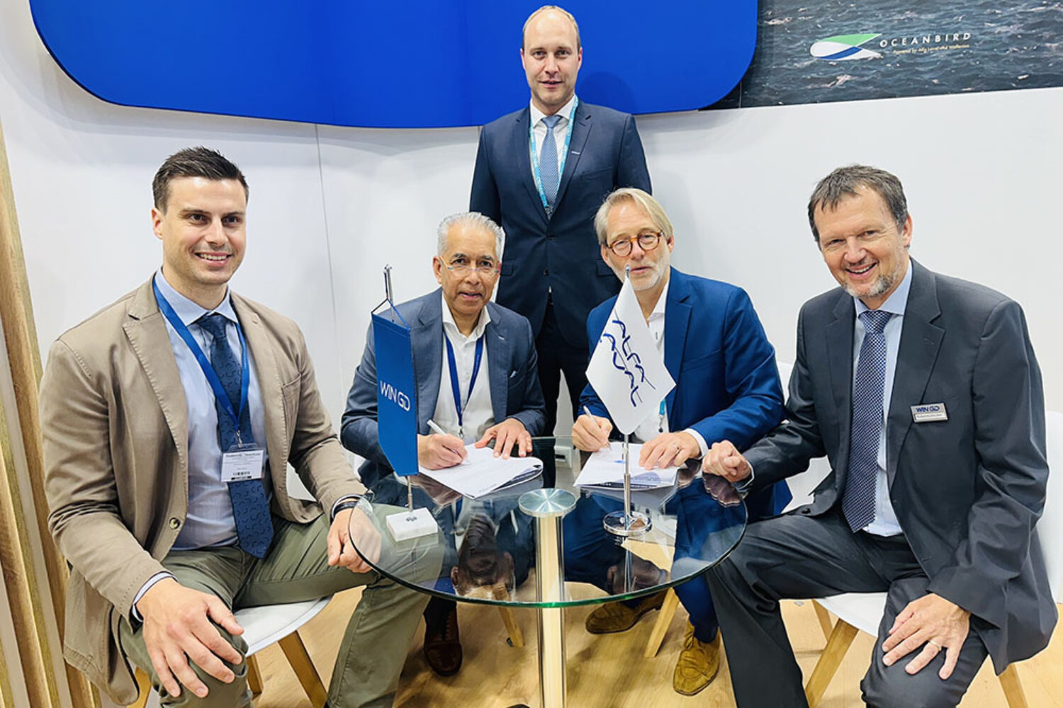 Onsite at Posidonia for the signing, left to right, Stefano Bottino, Global Sales Manager, Fuel Supply Systems, Alfa Laval; Sameer Kalra, President, Marine Division Alfa Laval; Marcel Ott, GM Application & Technical Sales, WinGD; Volkmar Galke, Director Sales, WinGD; Rudolf Holtbecker, Director Customer Support, WinGD