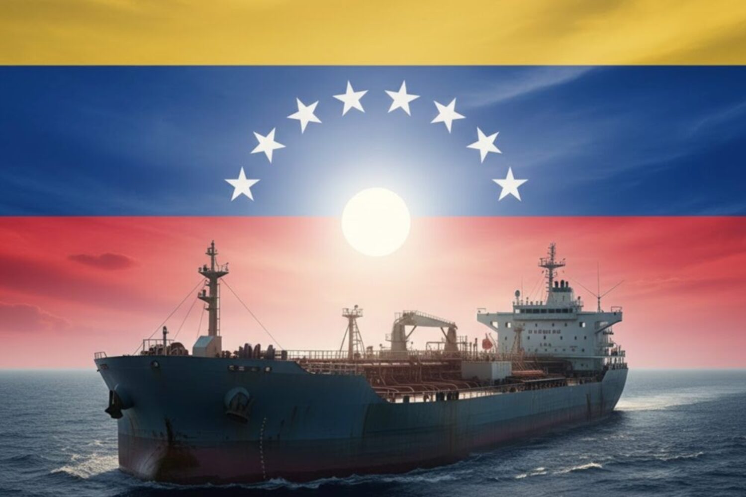 An animation of a tanker in front of the Venezuelan flag