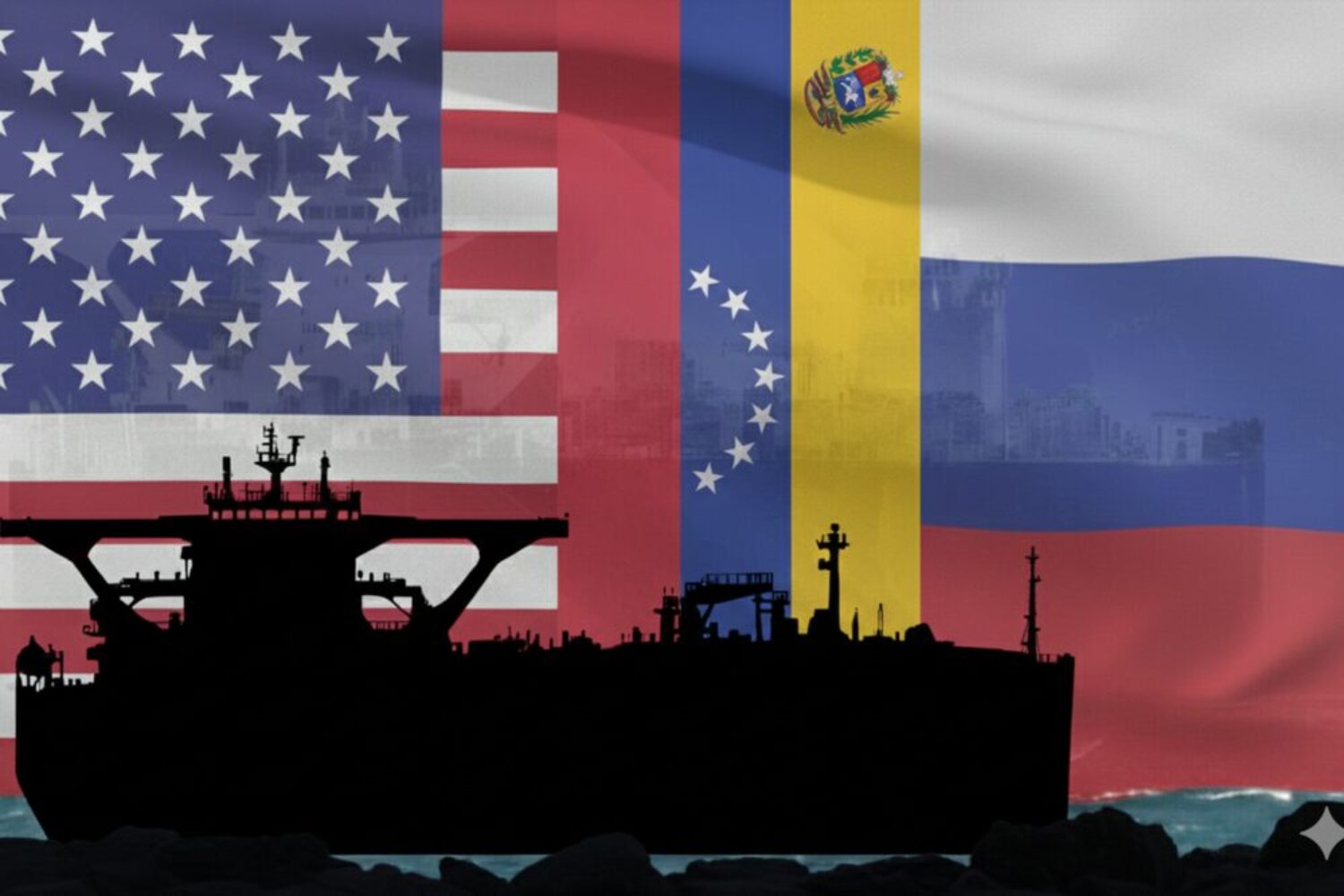 A ship of the Shcatten fleet in front of flags of the USA, Ruslsand and Venezuela